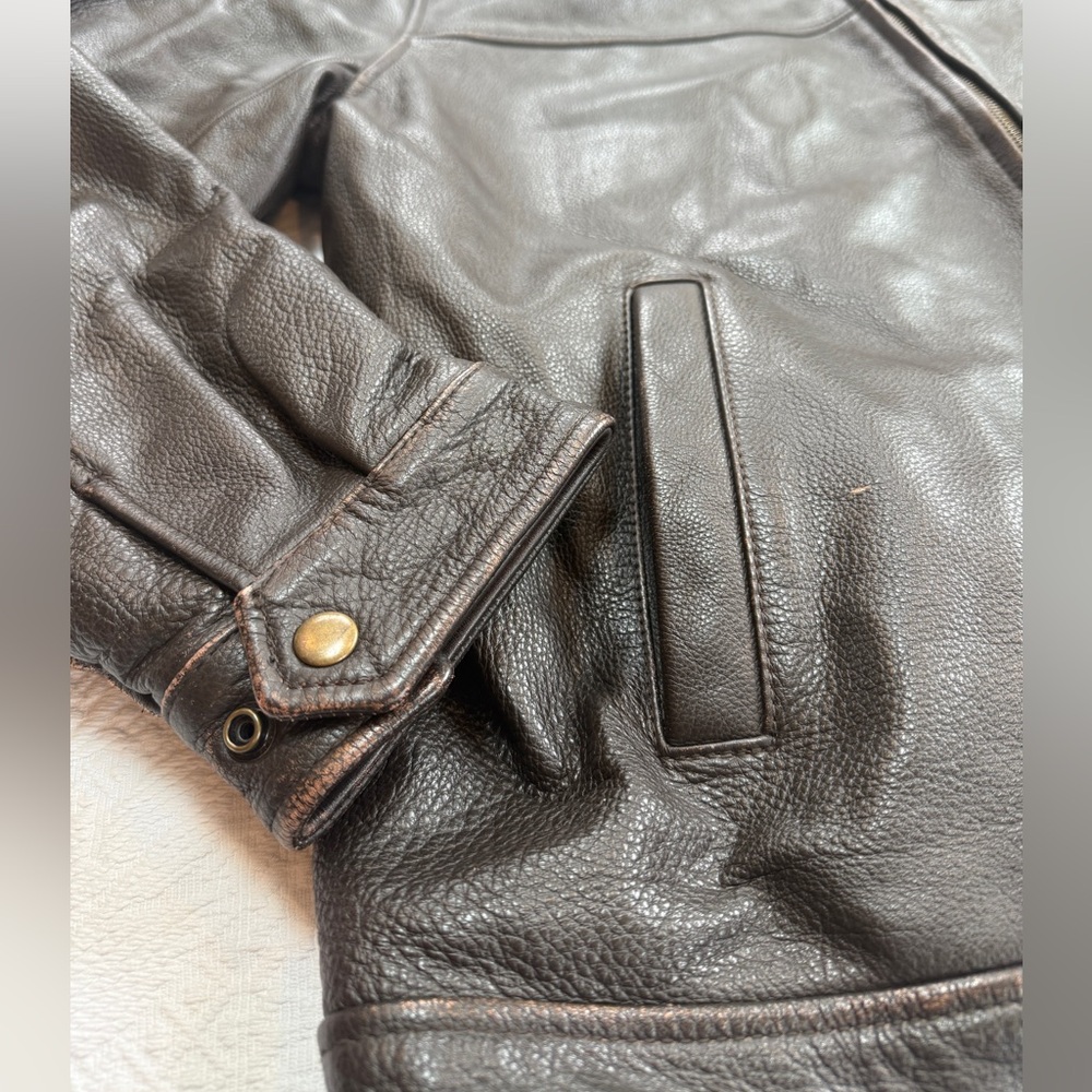 Men's Lightly Distressed Brown Leather Jacket Bomber Motorcycle Aviator- Sz XL - Picture 2 of 10
